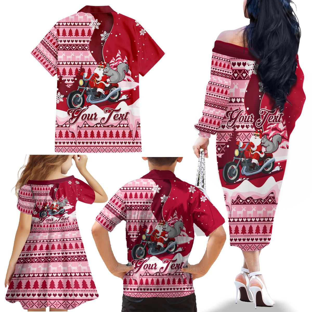 Georgia Christmas Family Matching Off Shoulder Long Sleeve Dress and Hawaiian Shirt Santa Claus Riding Motorcycle With Gray Squirrel - Wonder Print Shop