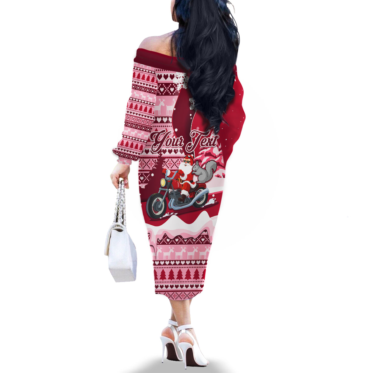 Georgia Christmas Family Matching Off Shoulder Long Sleeve Dress and Hawaiian Shirt Santa Claus Riding Motorcycle With Gray Squirrel - Wonder Print Shop