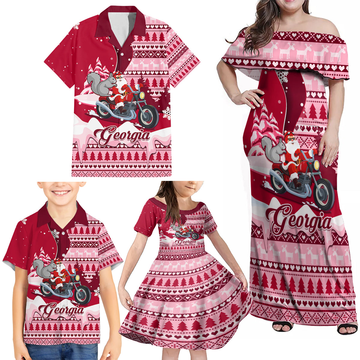 Georgia Christmas Family Matching Off Shoulder Maxi Dress and Hawaiian Shirt Santa Claus Riding Motorcycle With Gray Squirrel - Wonder Print Shop