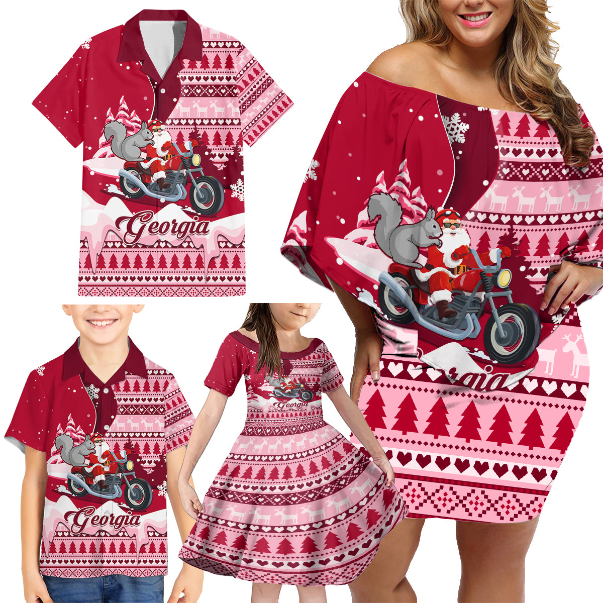 Georgia Christmas Family Matching Off Shoulder Short Dress and Hawaiian Shirt Santa Claus Riding Motorcycle With Gray Squirrel - Wonder Print Shop