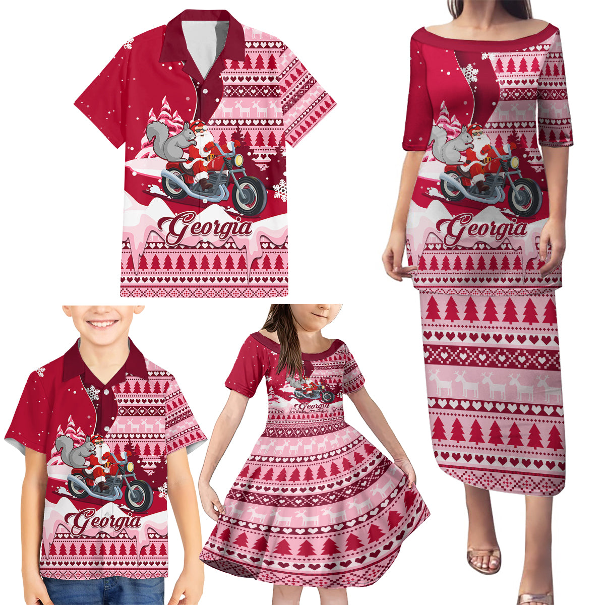 Georgia Christmas Family Matching Puletasi Dress and Hawaiian Shirt Santa Claus Riding Motorcycle With Gray Squirrel - Wonder Print Shop