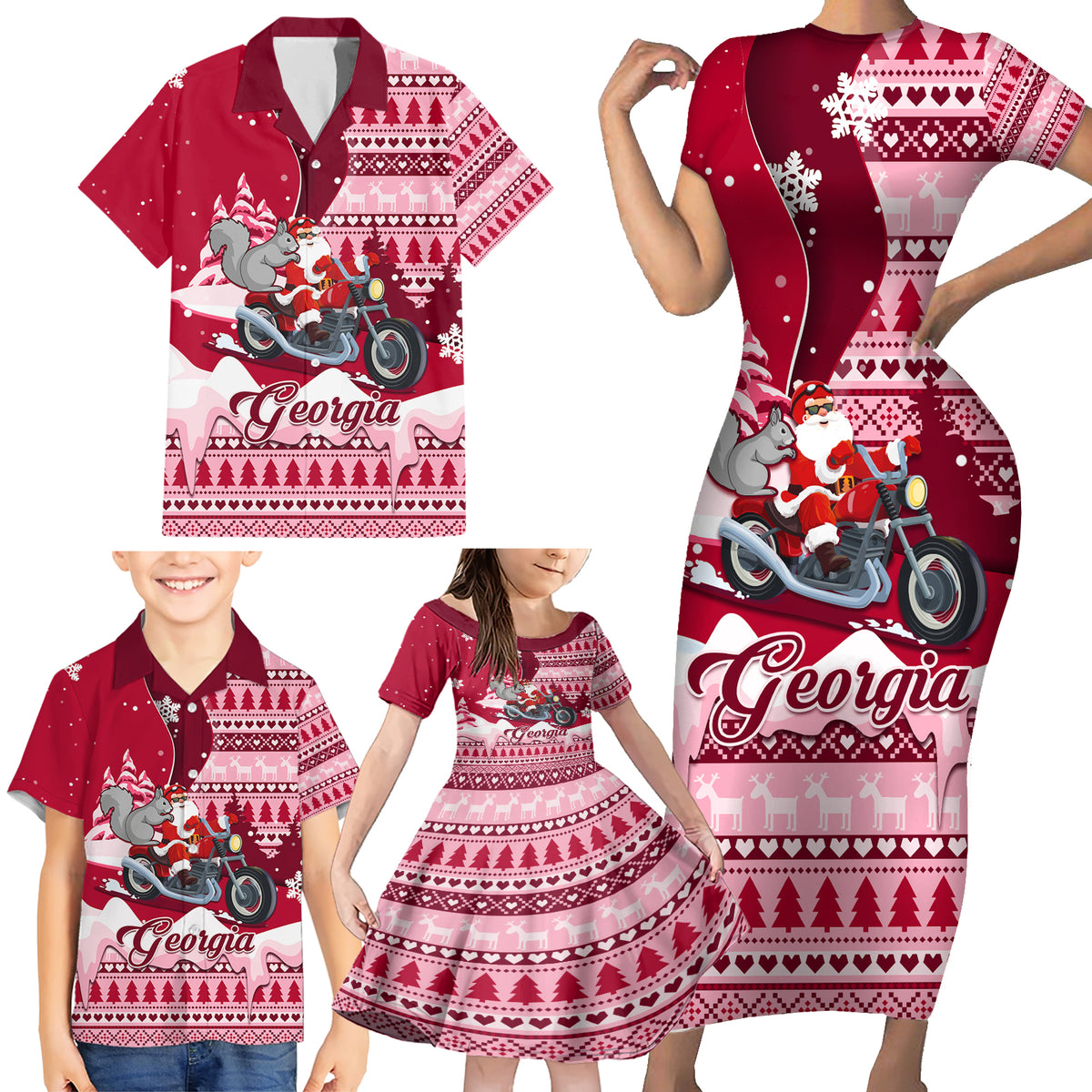 Georgia Christmas Family Matching Short Sleeve Bodycon Dress and Hawaiian Shirt Santa Claus Riding Motorcycle With Gray Squirrel - Wonder Print Shop