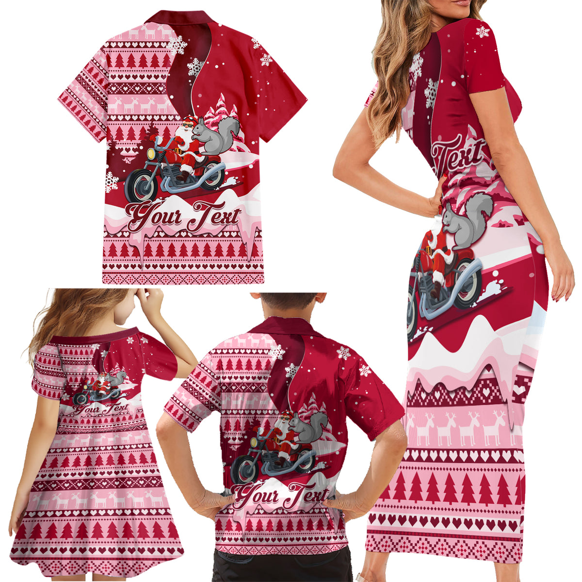Georgia Christmas Family Matching Short Sleeve Bodycon Dress and Hawaiian Shirt Santa Claus Riding Motorcycle With Gray Squirrel - Wonder Print Shop