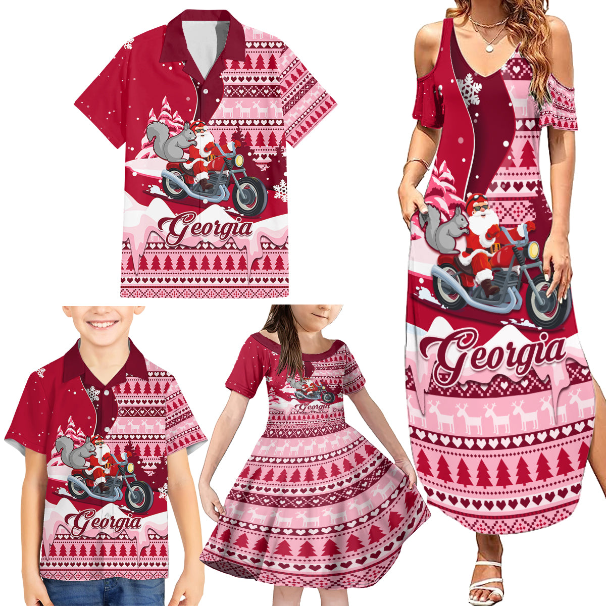 Georgia Christmas Family Matching Summer Maxi Dress and Hawaiian Shirt Santa Claus Riding Motorcycle With Gray Squirrel - Wonder Print Shop