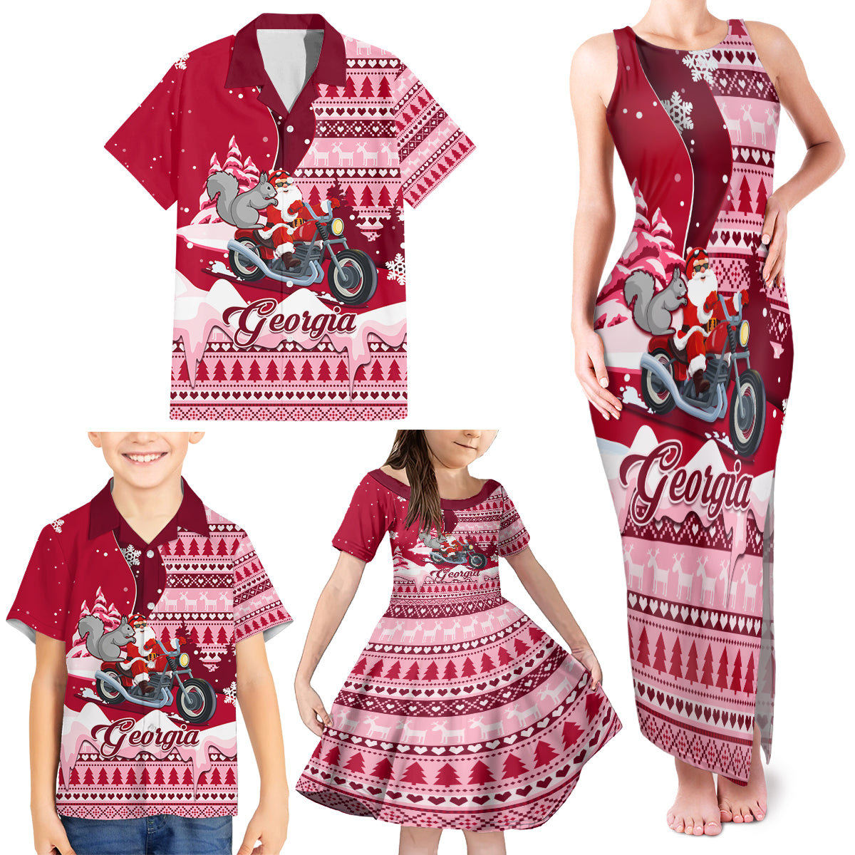 Georgia Christmas Family Matching Tank Maxi Dress and Hawaiian Shirt Santa Claus Riding Motorcycle With Gray Squirrel - Wonder Print Shop