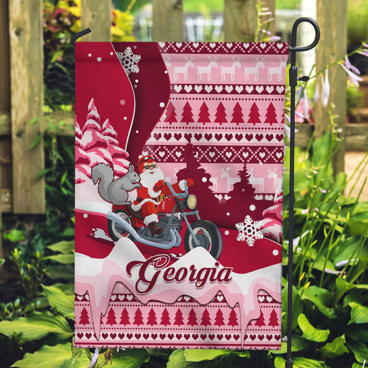 Georgia Christmas Garden Flag Santa Claus Riding Motorcycle With Gray Squirrel - Wonder Print Shop