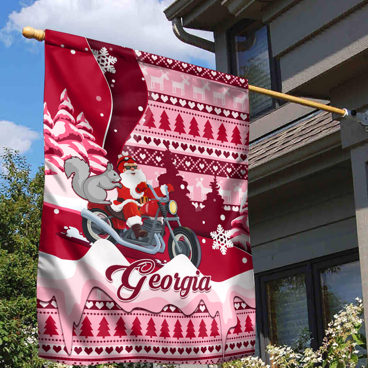 Georgia Christmas Garden Flag Santa Claus Riding Motorcycle With Gray Squirrel - Wonder Print Shop