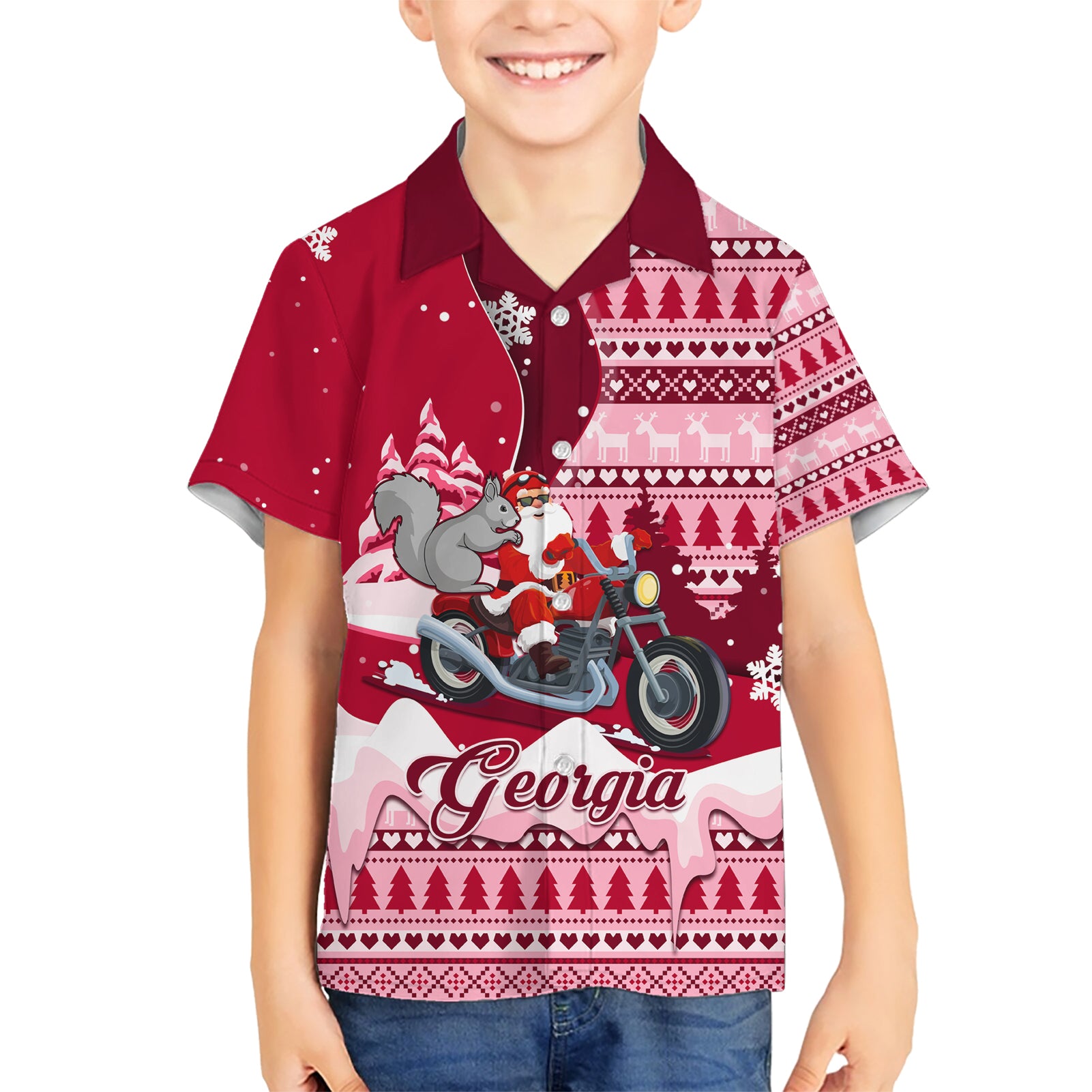 Georgia Christmas Kid Hawaiian Shirt Santa Claus Riding Motorcycle With Gray Squirrel - Wonder Print Shop