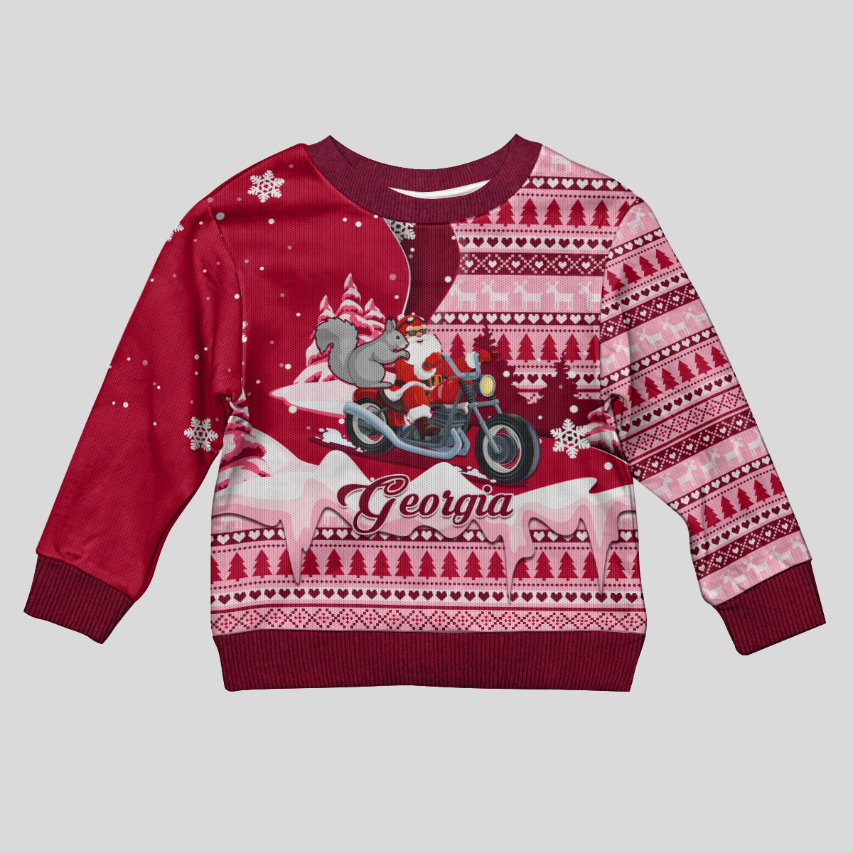Georgia Christmas Kid Ugly Christmas Sweater Santa Claus Riding Motorcycle With Gray Squirrel - Wonder Print Shop