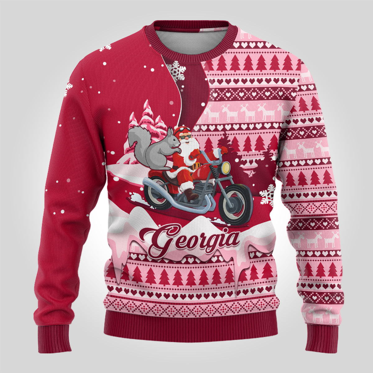 Georgia Christmas Ugly Christmas Sweater Santa Claus Riding Motorcycle With Gray Squirrel - Wonder Print Shop