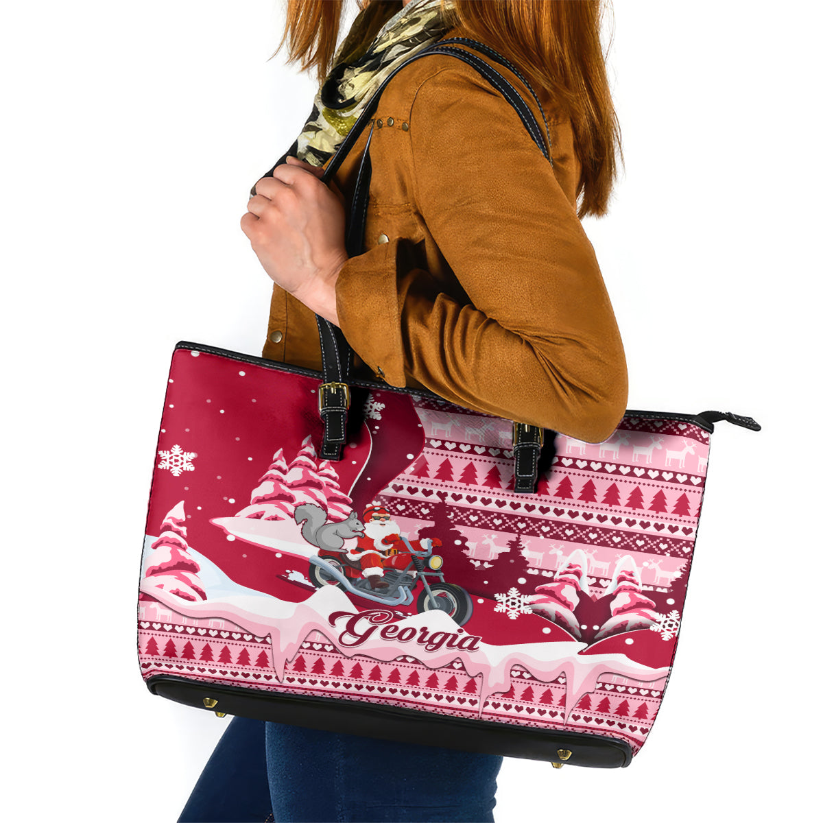 Georgia Christmas Leather Tote Bag Santa Claus Riding Motorcycle With Gray Squirrel - Wonder Print Shop