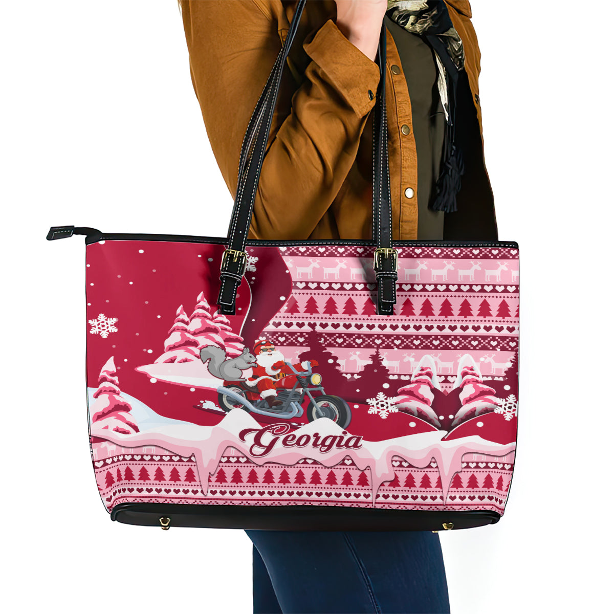 Georgia Christmas Leather Tote Bag Santa Claus Riding Motorcycle With Gray Squirrel - Wonder Print Shop