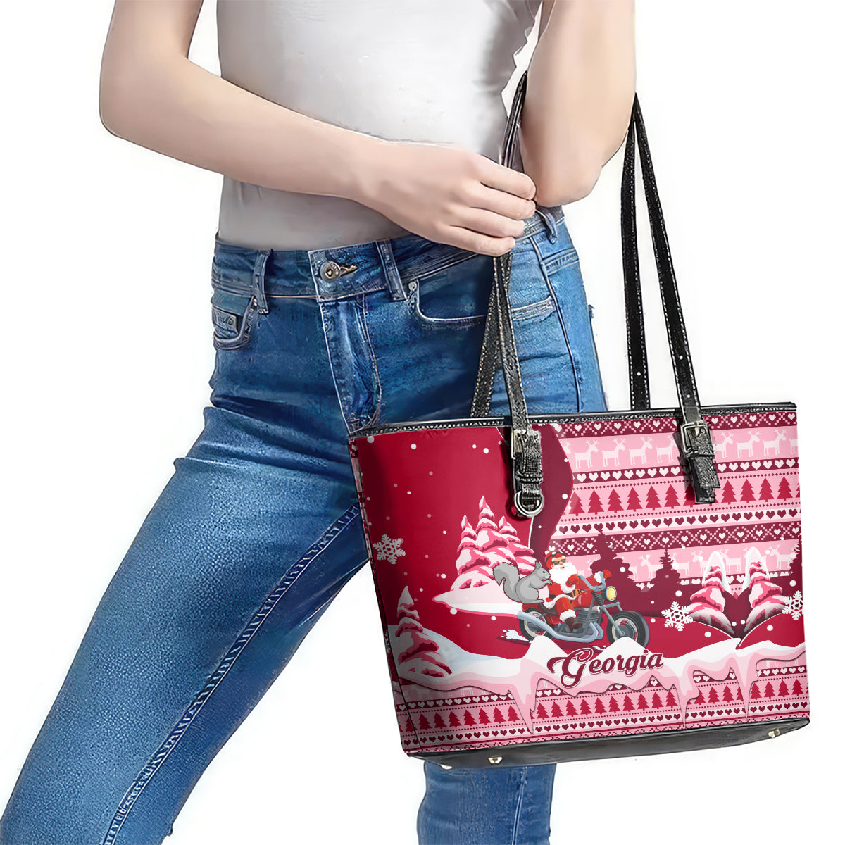Georgia Christmas Leather Tote Bag Santa Claus Riding Motorcycle With Gray Squirrel - Wonder Print Shop