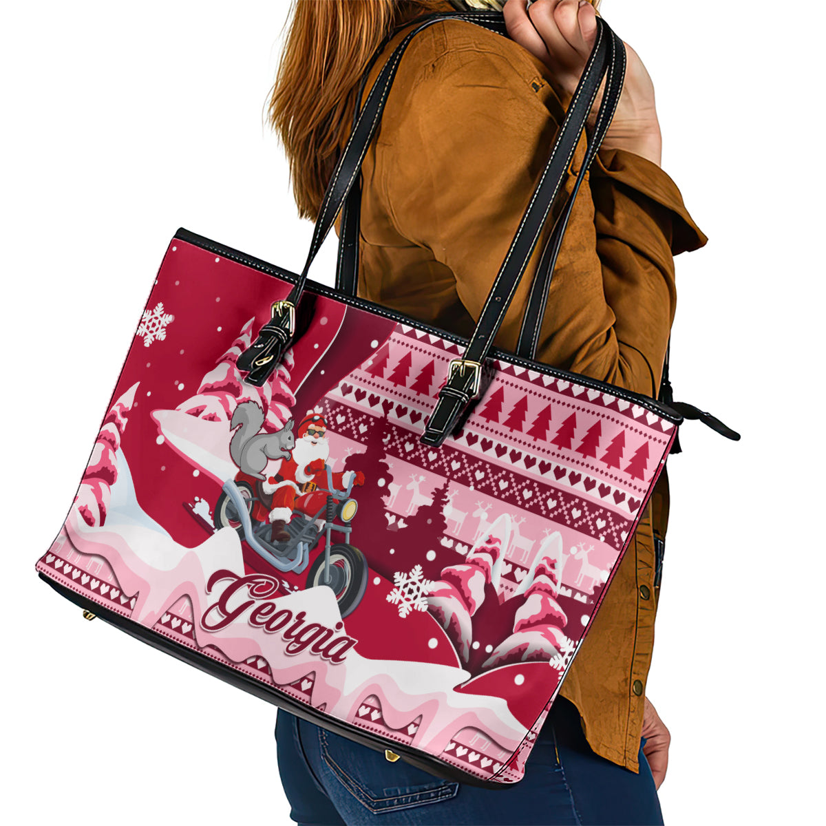 Georgia Christmas Leather Tote Bag Santa Claus Riding Motorcycle With Gray Squirrel - Wonder Print Shop