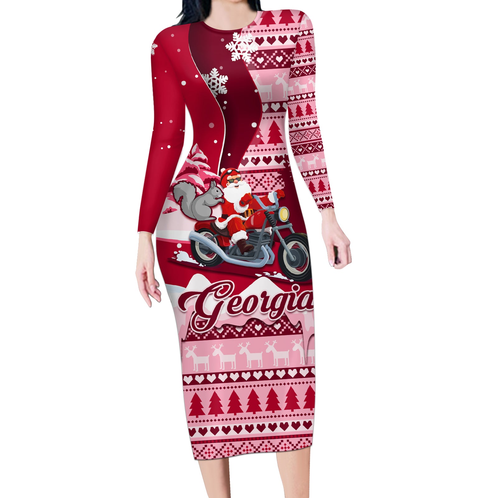 Georgia Christmas Long Sleeve Bodycon Dress Santa Claus Riding Motorcycle With Gray Squirrel - Wonder Print Shop