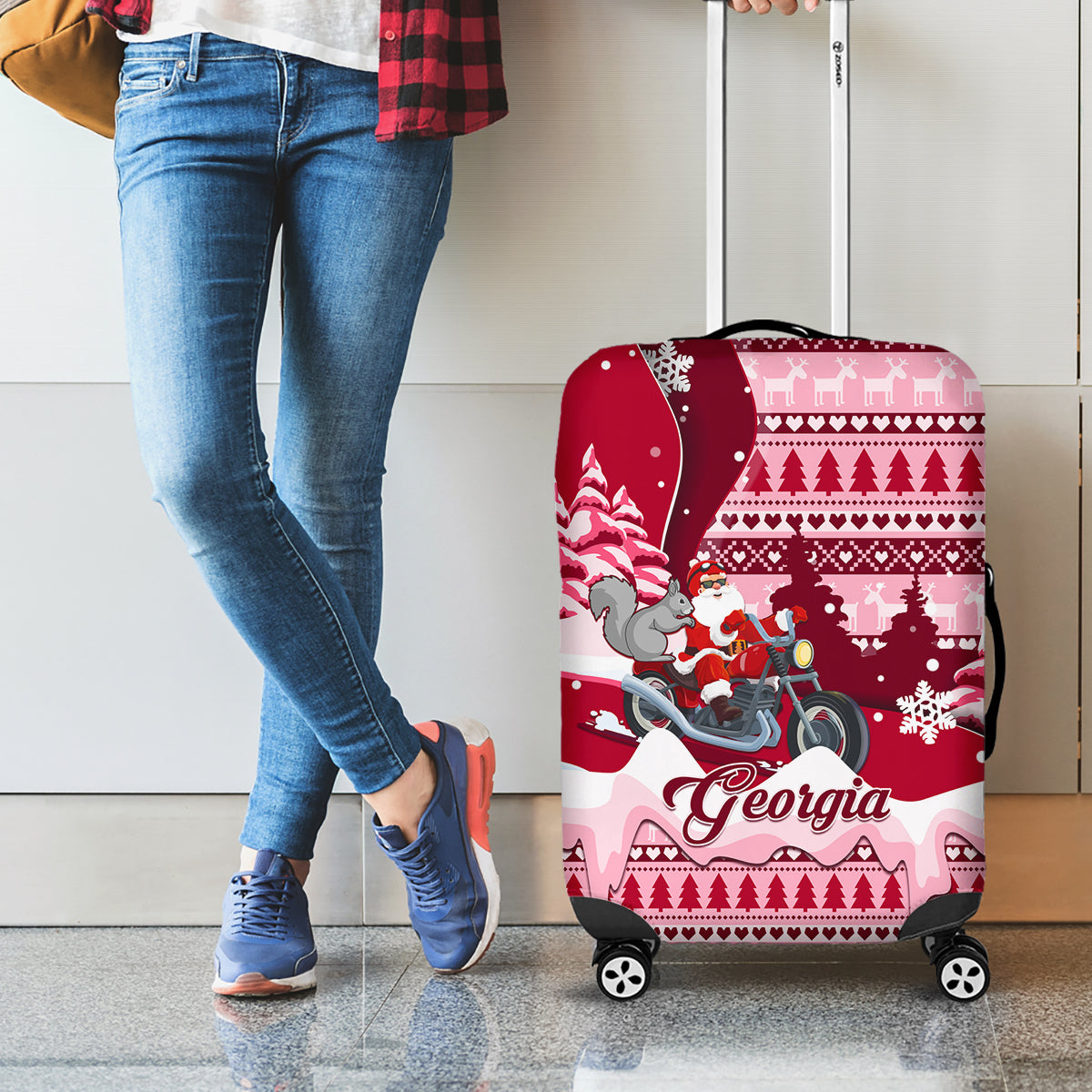 Georgia Christmas Luggage Cover Santa Claus Riding Motorcycle With Gray Squirrel - Wonder Print Shop