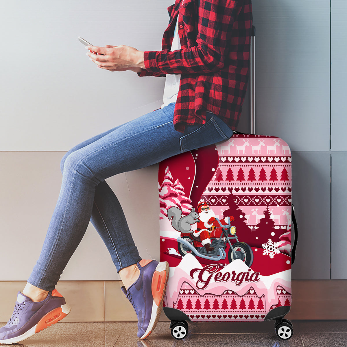 Georgia Christmas Luggage Cover Santa Claus Riding Motorcycle With Gray Squirrel - Wonder Print Shop