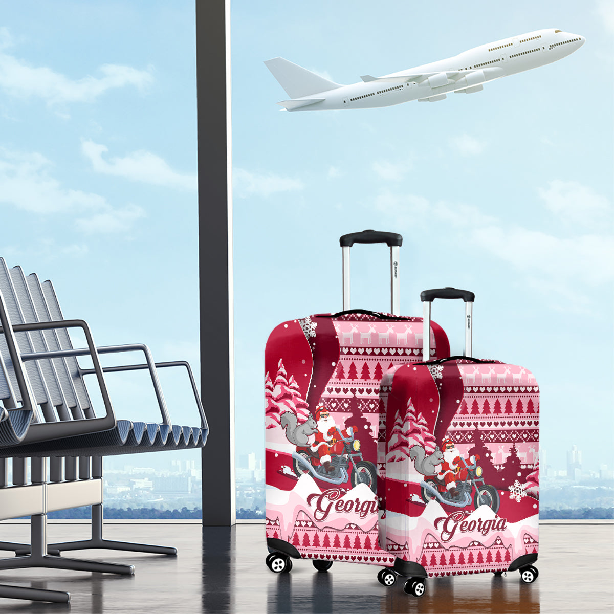 Georgia Christmas Luggage Cover Santa Claus Riding Motorcycle With Gray Squirrel - Wonder Print Shop