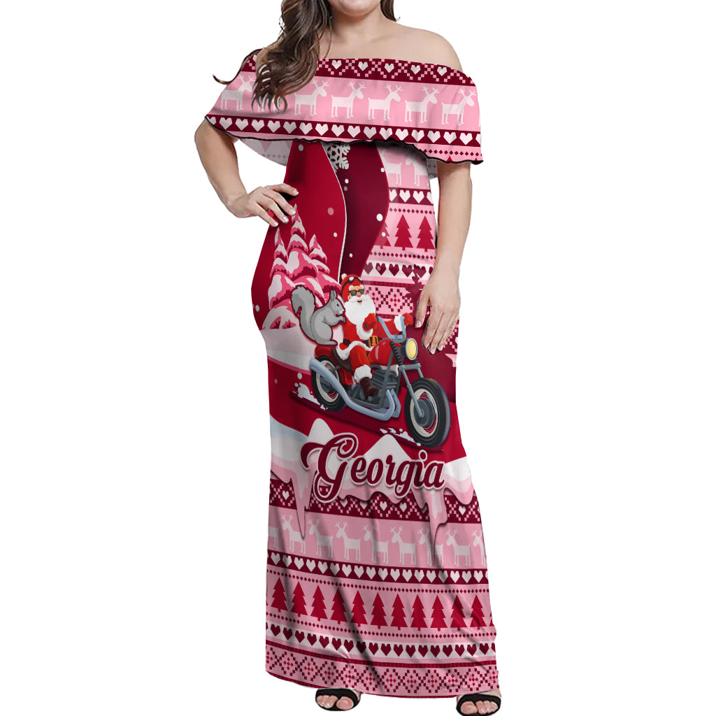 Georgia Christmas Off Shoulder Maxi Dress Santa Claus Riding Motorcycle With Gray Squirrel - Wonder Print Shop