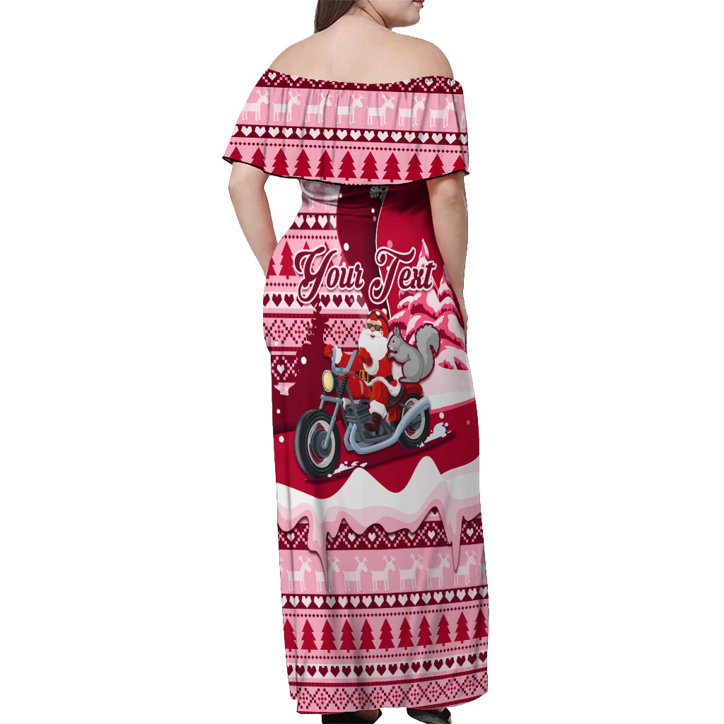 Georgia Christmas Off Shoulder Maxi Dress Santa Claus Riding Motorcycle With Gray Squirrel - Wonder Print Shop