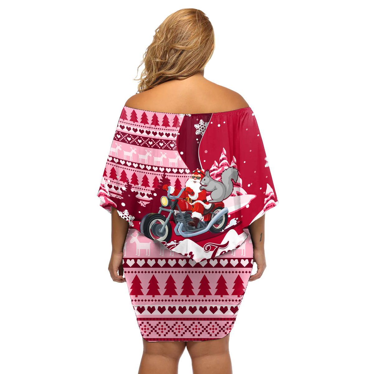Georgia Christmas Off Shoulder Short Dress Santa Claus Riding Motorcycle With Gray Squirrel - Wonder Print Shop