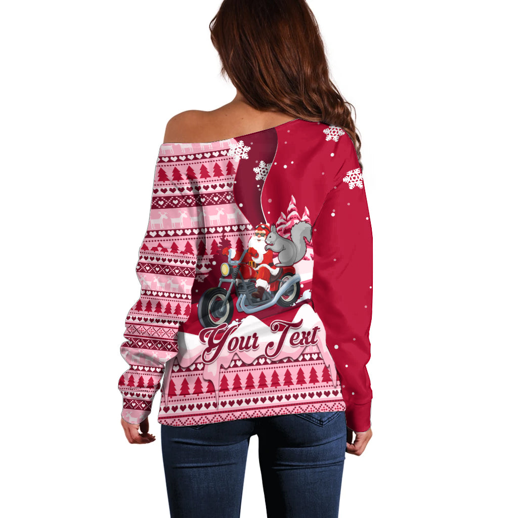 Georgia Christmas Off Shoulder Sweater Santa Claus Riding Motorcycle With Gray Squirrel - Wonder Print Shop