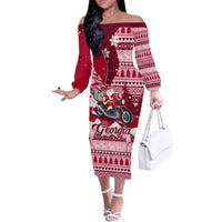 Georgia Christmas Off The Shoulder Long Sleeve Dress Santa Claus Riding Motorcycle With Gray Squirrel - Wonder Print Shop