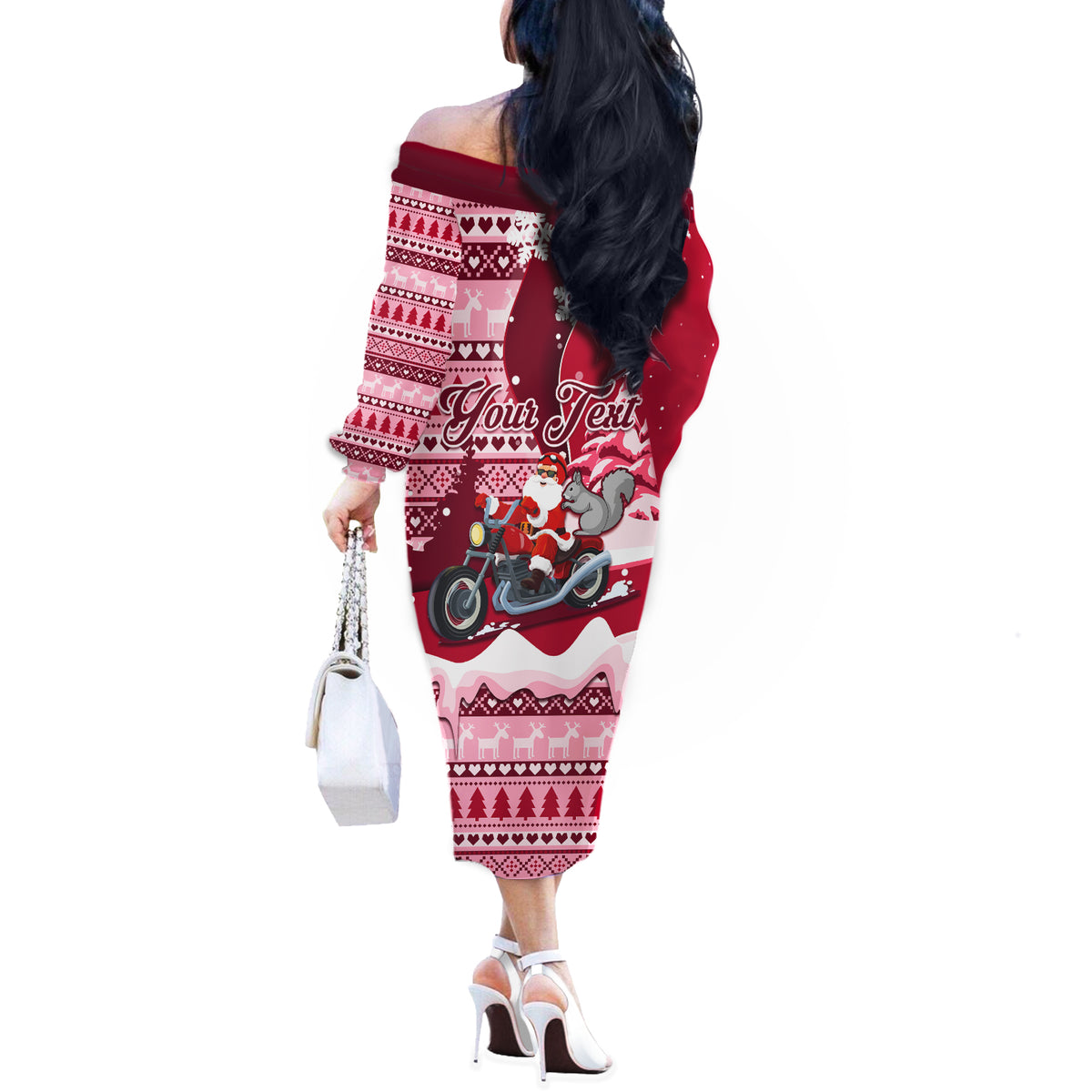 Georgia Christmas Off The Shoulder Long Sleeve Dress Santa Claus Riding Motorcycle With Gray Squirrel - Wonder Print Shop
