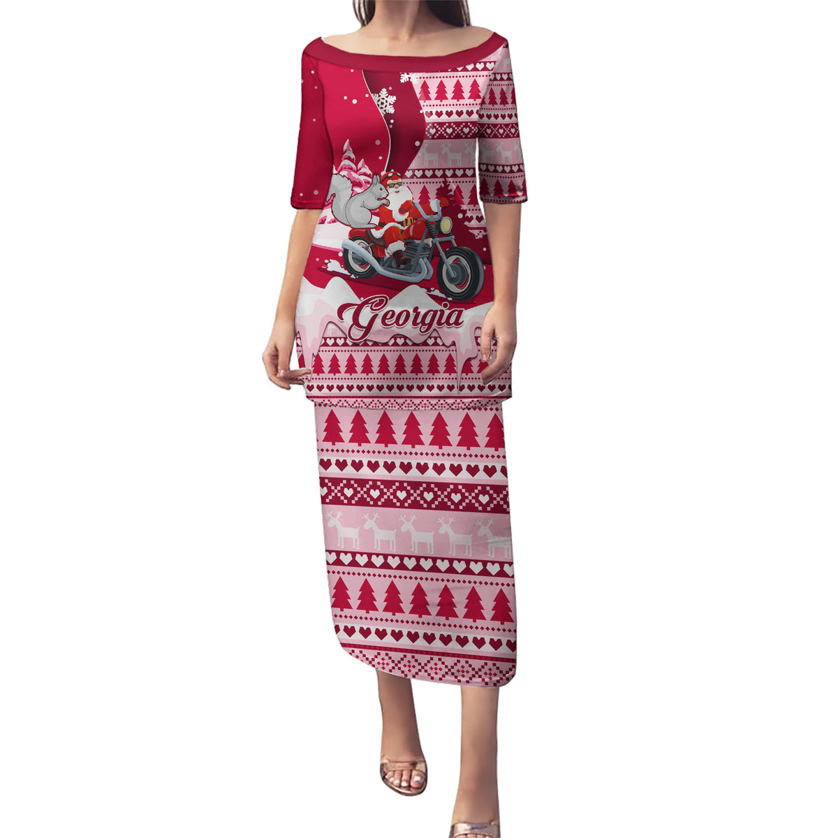 Georgia Christmas Puletasi Santa Claus Riding Motorcycle With Gray Squirrel - Wonder Print Shop