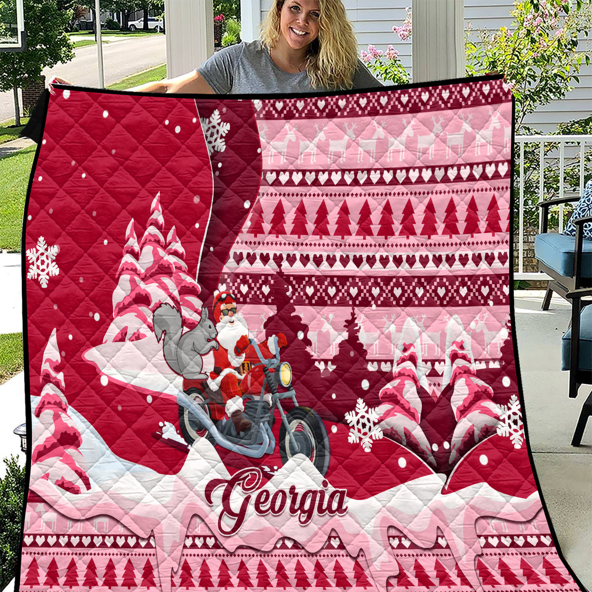Georgia Christmas Quilt Santa Claus Riding Motorcycle With Gray Squirrel - Wonder Print Shop