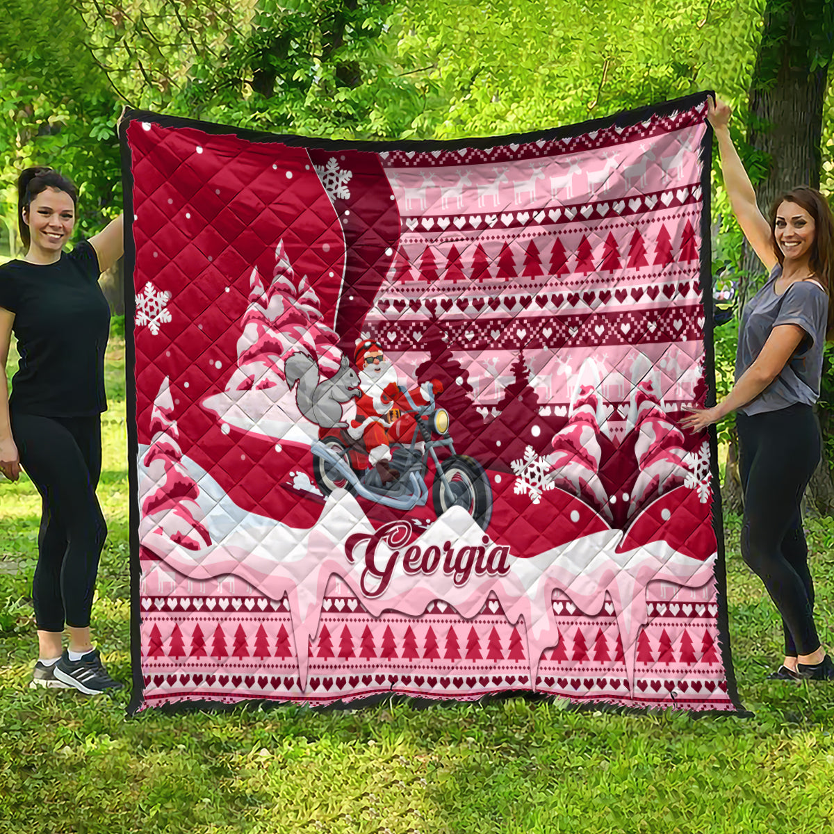 Georgia Christmas Quilt Santa Claus Riding Motorcycle With Gray Squirrel - Wonder Print Shop