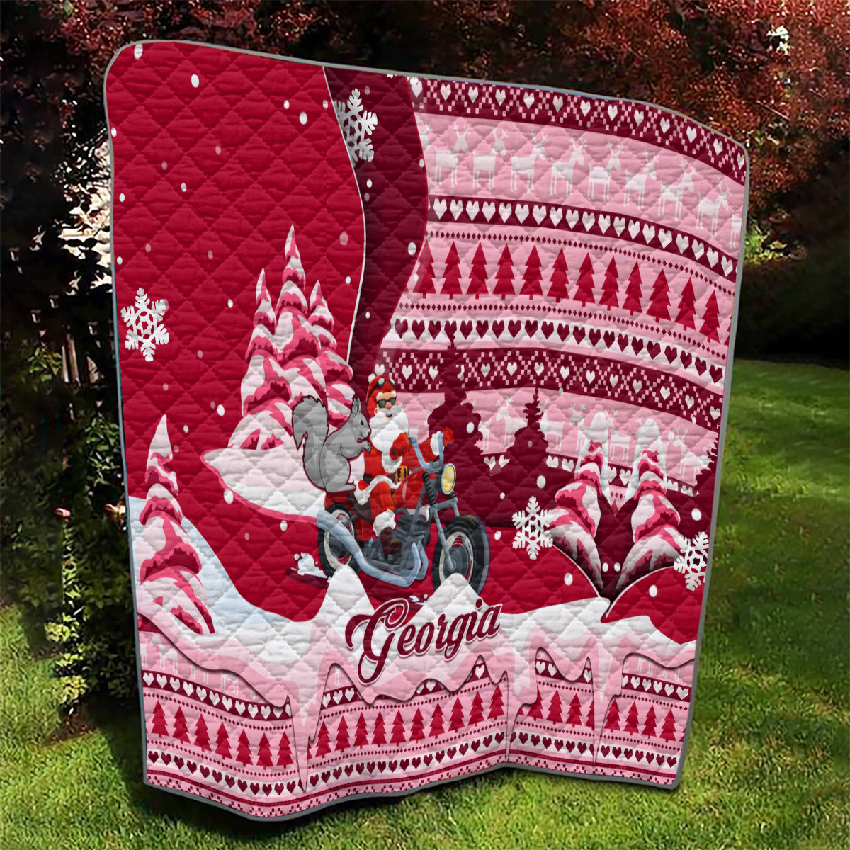 Georgia Christmas Quilt Santa Claus Riding Motorcycle With Gray Squirrel - Wonder Print Shop