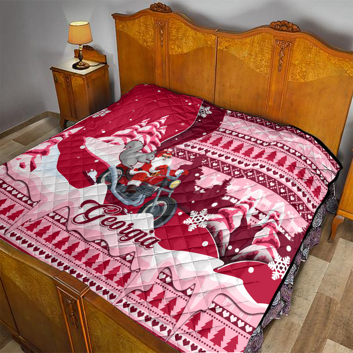 Georgia Christmas Quilt Santa Claus Riding Motorcycle With Gray Squirrel - Wonder Print Shop