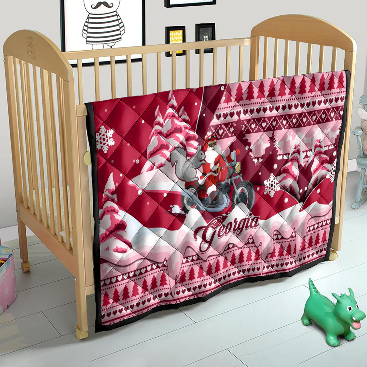 Georgia Christmas Quilt Santa Claus Riding Motorcycle With Gray Squirrel - Wonder Print Shop