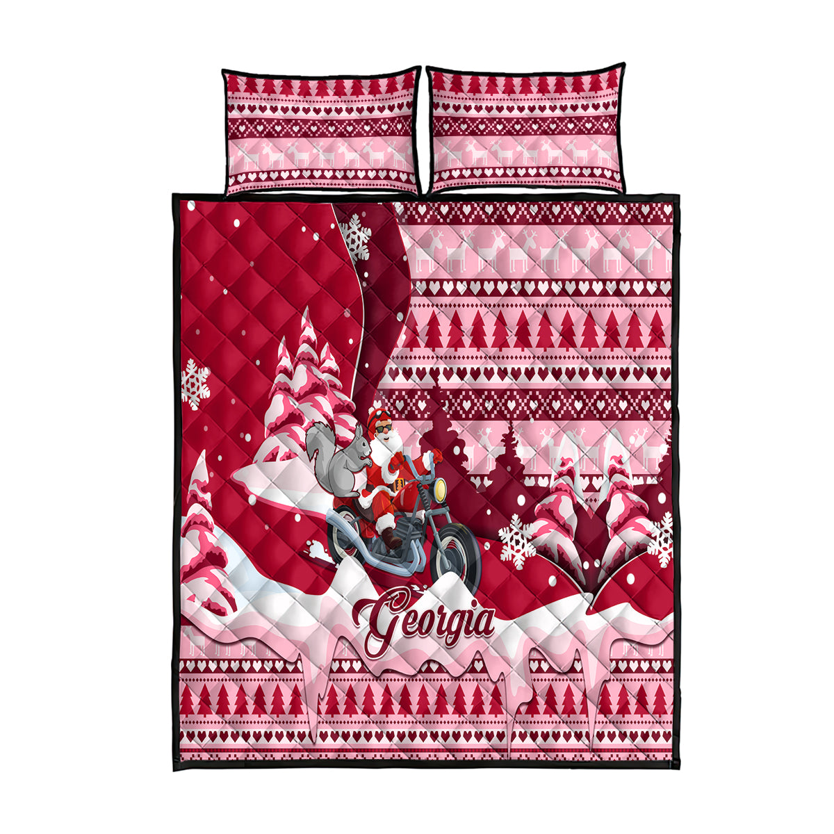 Georgia Christmas Quilt Bed Set Santa Claus Riding Motorcycle With Gray Squirrel - Wonder Print Shop