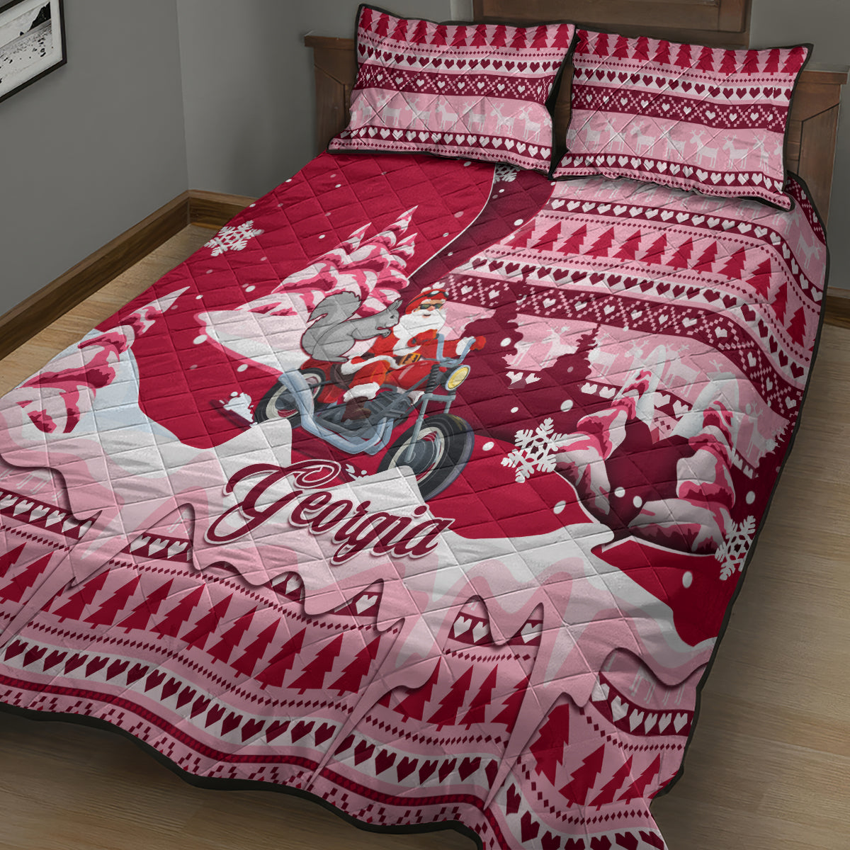 Georgia Christmas Quilt Bed Set Santa Claus Riding Motorcycle With Gray Squirrel - Wonder Print Shop