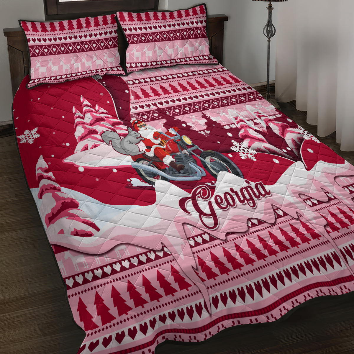Georgia Christmas Quilt Bed Set Santa Claus Riding Motorcycle With Gray Squirrel - Wonder Print Shop