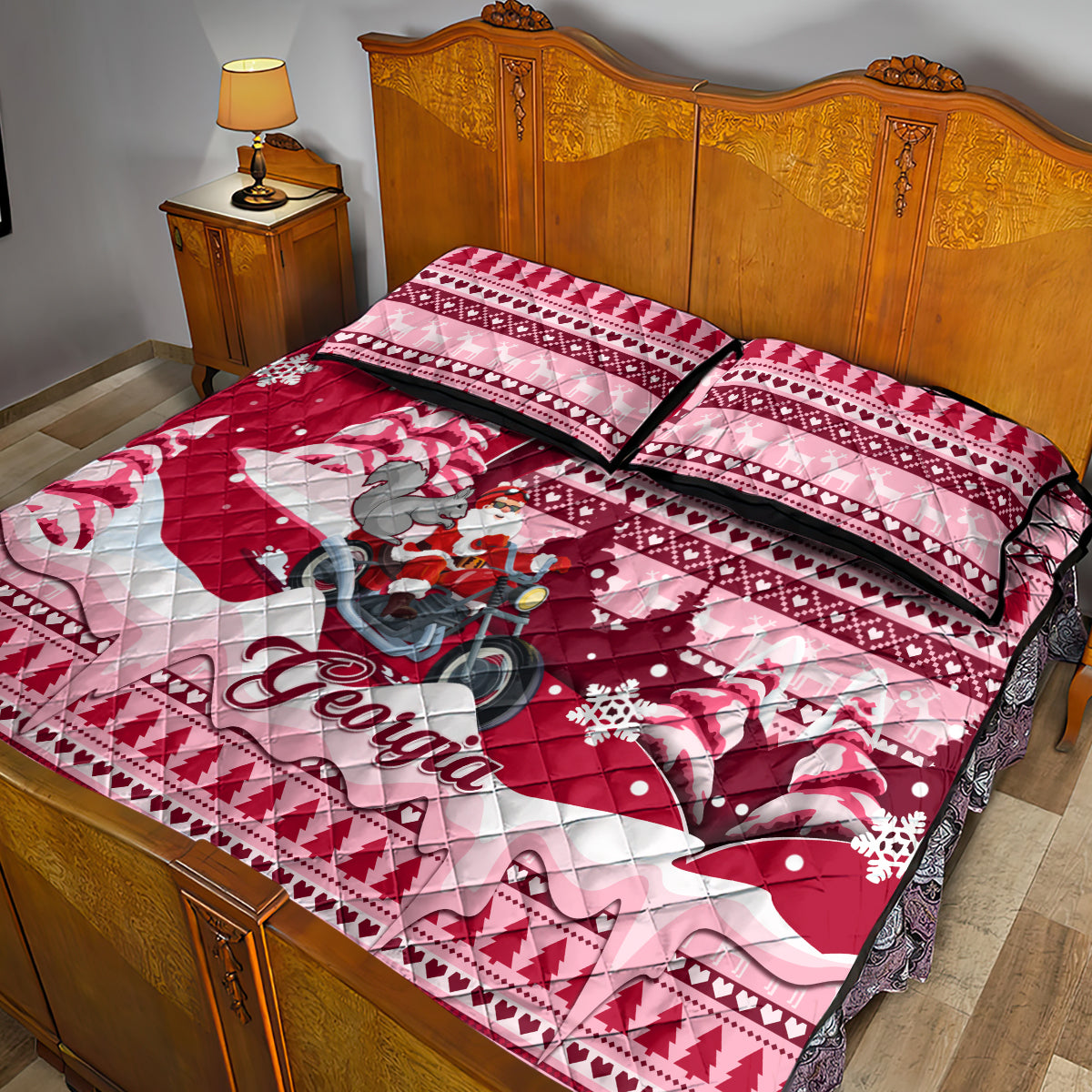 Georgia Christmas Quilt Bed Set Santa Claus Riding Motorcycle With Gray Squirrel - Wonder Print Shop