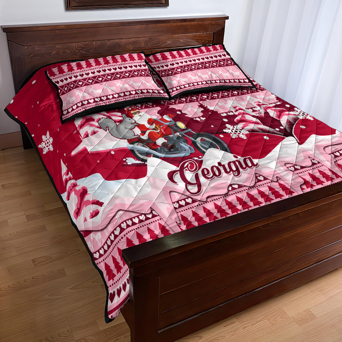 Georgia Christmas Quilt Bed Set Santa Claus Riding Motorcycle With Gray Squirrel - Wonder Print Shop