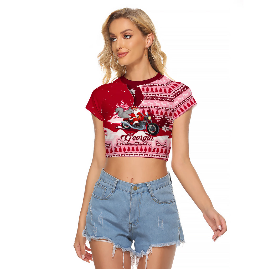 Georgia Christmas Raglan Cropped T Shirt Santa Claus Riding Motorcycle With Gray Squirrel - Wonder Print Shop