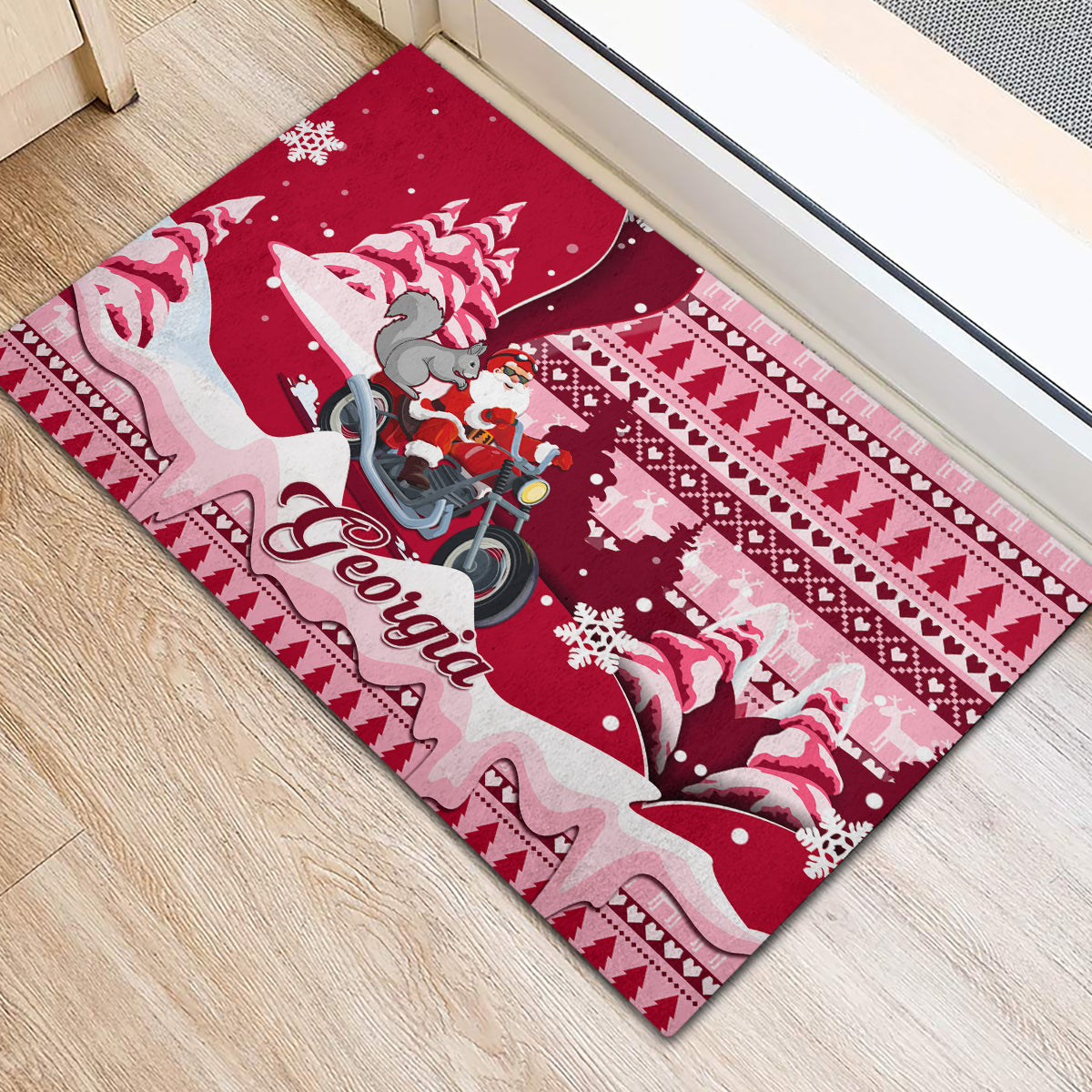 Georgia Christmas Rubber Doormat Santa Claus Riding Motorcycle With Gray Squirrel - Wonder Print Shop