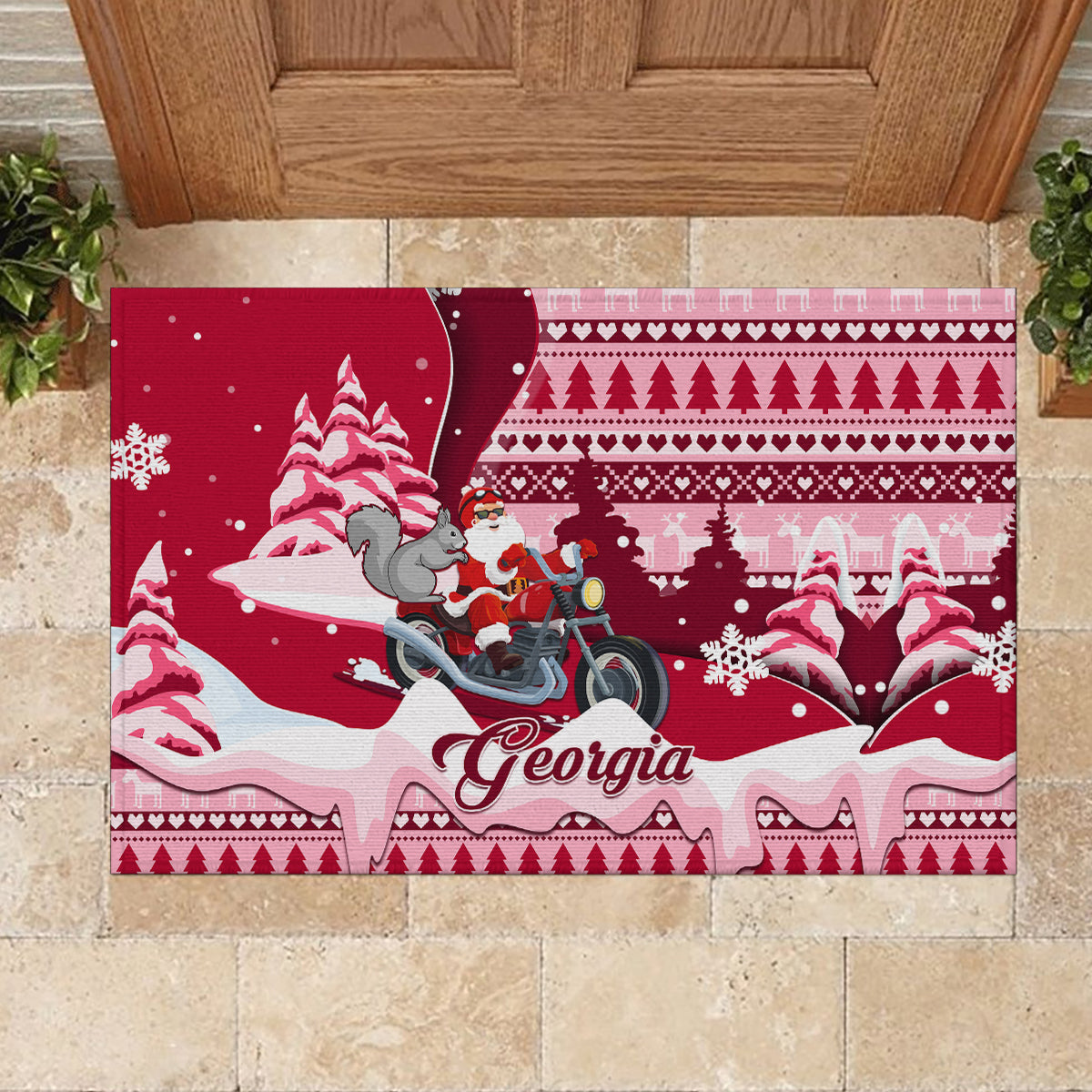 Georgia Christmas Rubber Doormat Santa Claus Riding Motorcycle With Gray Squirrel - Wonder Print Shop