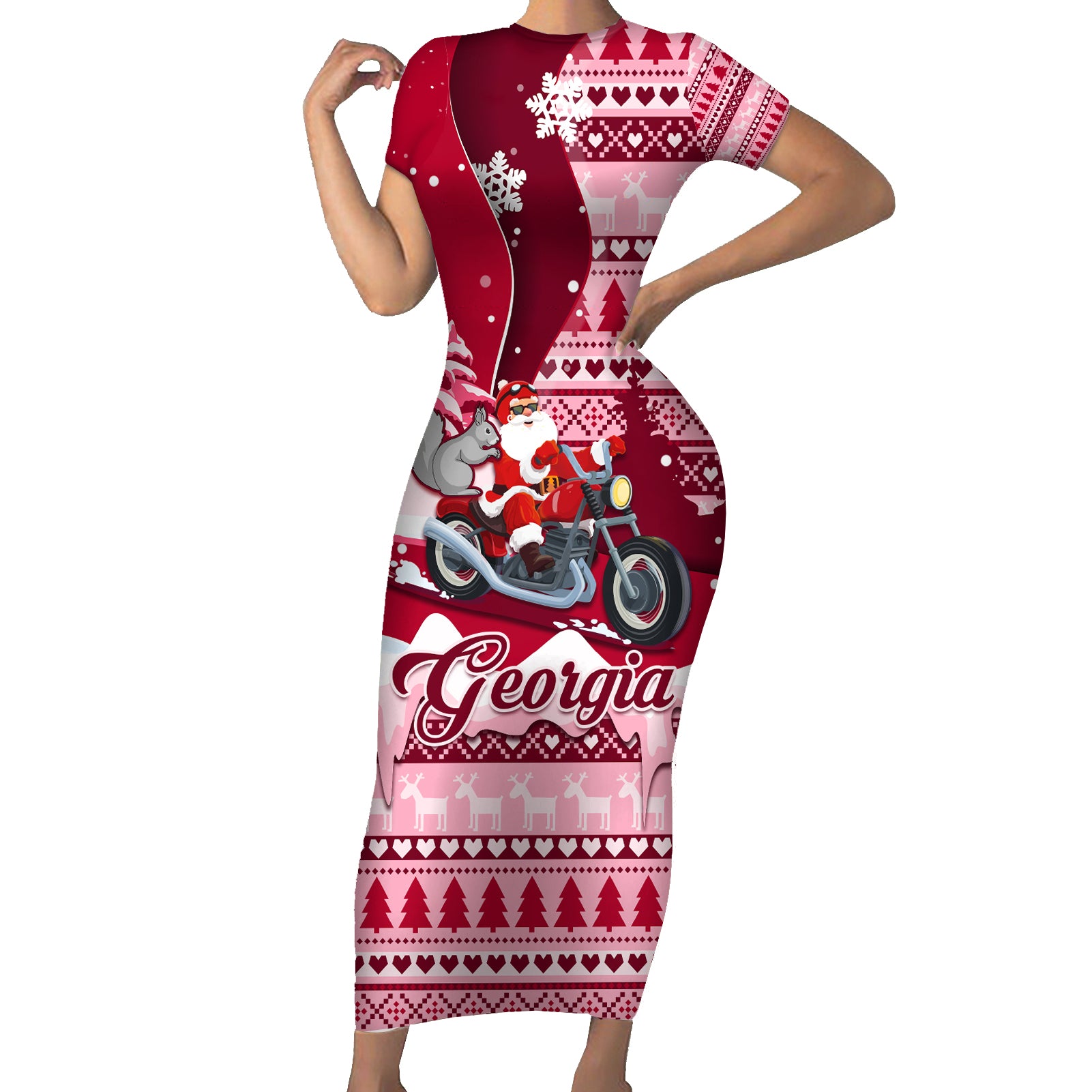 Georgia Christmas Short Sleeve Bodycon Dress Santa Claus Riding Motorcycle With Gray Squirrel - Wonder Print Shop