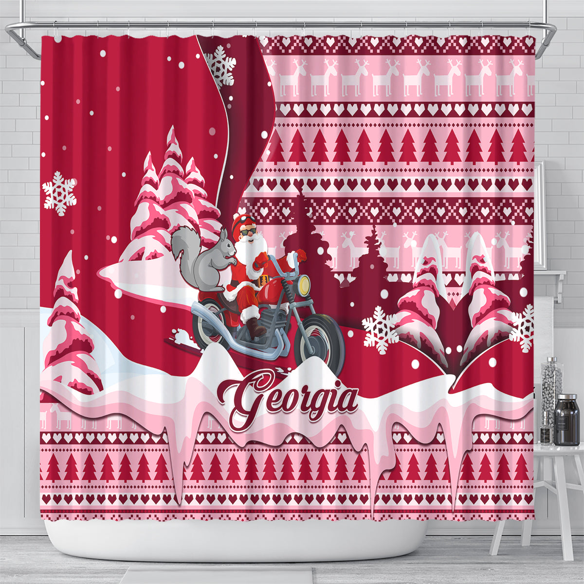 georgia-christmas-shower-curtain-santa-claus-riding-motorcycle-with-gray-squirrel