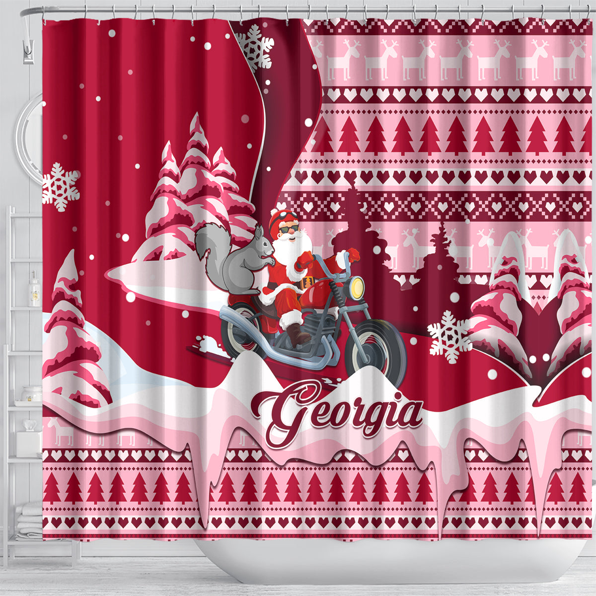 georgia-christmas-shower-curtain-santa-claus-riding-motorcycle-with-gray-squirrel