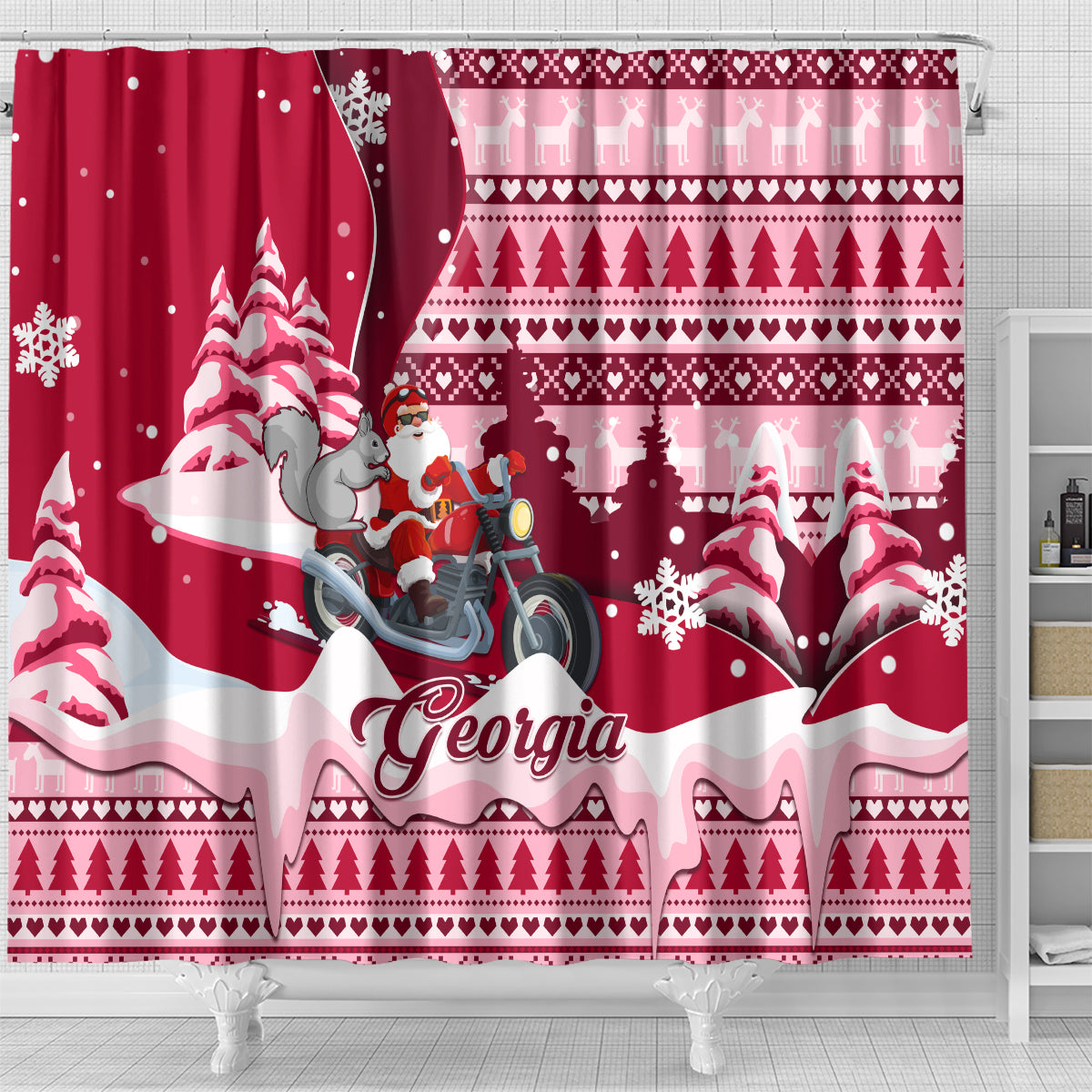 georgia-christmas-shower-curtain-santa-claus-riding-motorcycle-with-gray-squirrel