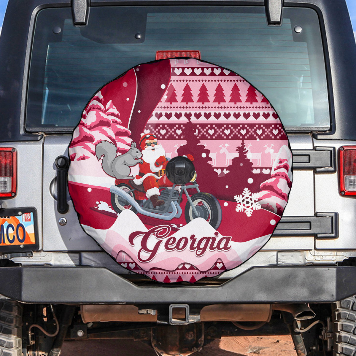 Georgia Christmas Spare Tire Cover Santa Claus Riding Motorcycle With Gray Squirrel - Wonder Print Shop