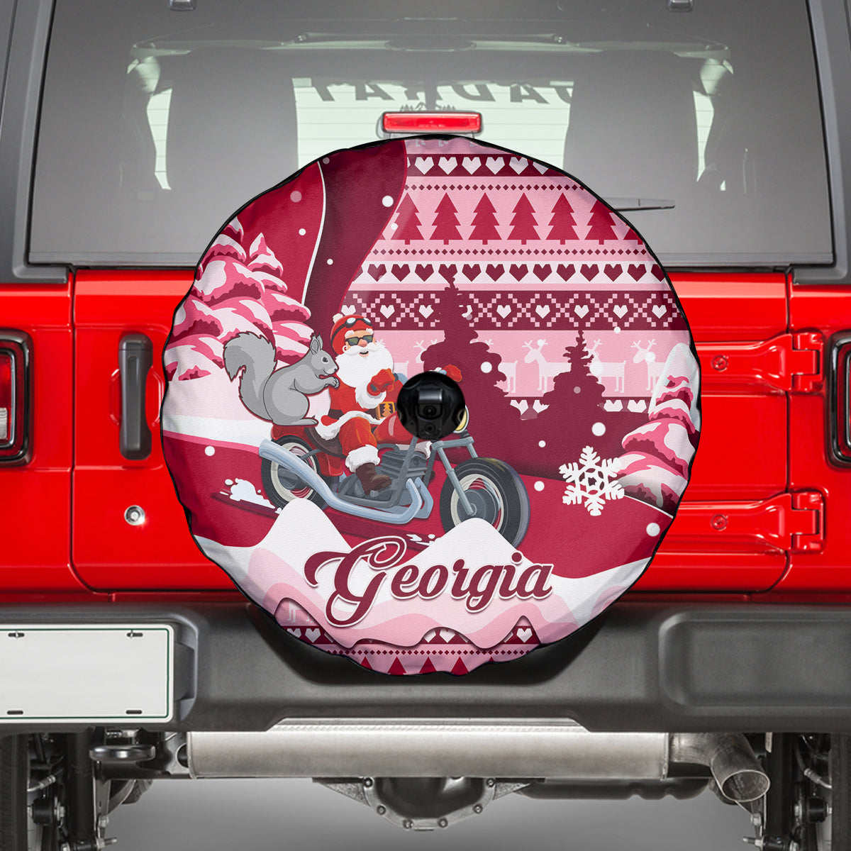 Georgia Christmas Spare Tire Cover Santa Claus Riding Motorcycle With Gray Squirrel - Wonder Print Shop