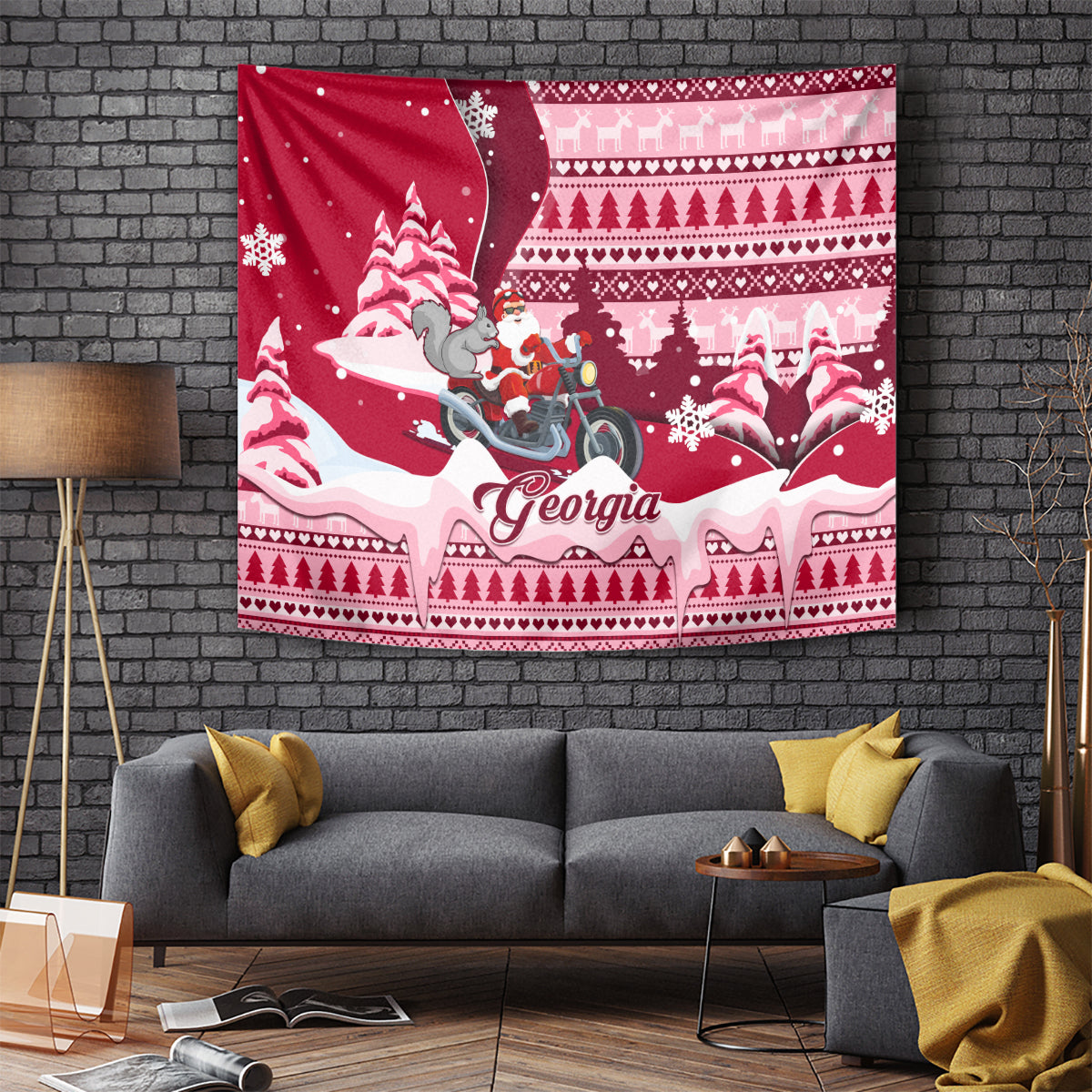 Georgia Christmas Tapestry Santa Claus Riding Motorcycle With Gray Squirrel - Wonder Print Shop