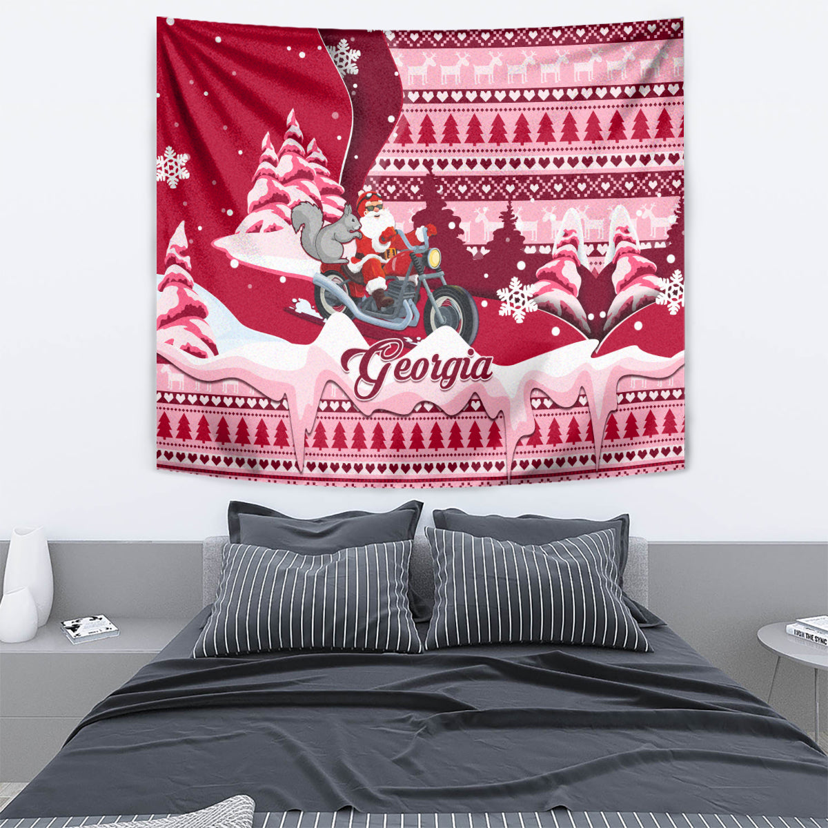 Georgia Christmas Tapestry Santa Claus Riding Motorcycle With Gray Squirrel - Wonder Print Shop